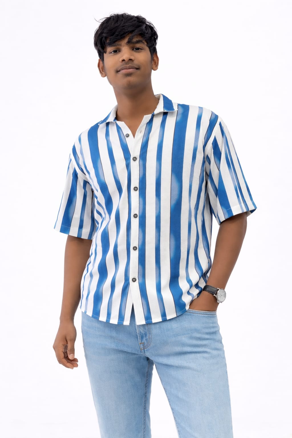 Blue & White Trendy Down Shoulder Stripe Shirt for Men.